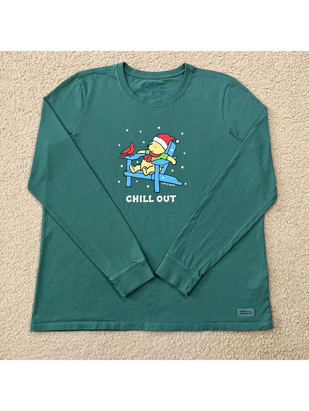 Life Is Good Womens Winnie The Pooh Chill Out Long Sleeve T Shirt Green Size XL